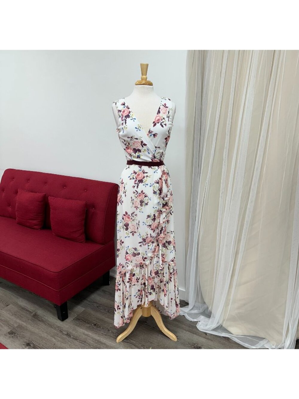 Medium Chiffon Burgundy Floral Print Sundress Bridal Shower MOB Dress
